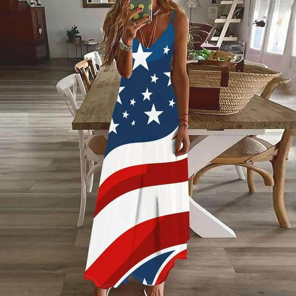 BLTIBY 2025 Womens Summer Dress Independence Day Printed Vacation Style Long Sleeveless Camisole V-Neck Casual Loose Dresses Multicolor 8 S