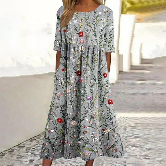 BLTIBY 2025 Womens Summer Dress Printed Short Sleeve Round Neck Fashion Loose Casual Long Dress with Pockets Gray L