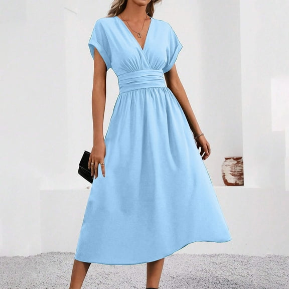 BLTIBY 2025 Womens Summer Dress Solid Color Bat Short Sleeve V Neck Pleated Waist Dress Fashion Casual Dresses Sky Blue L