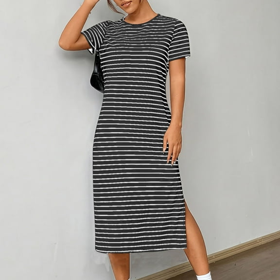 BLTIBY 2025 Womens Summer Dress Striped Printed Round Neck Split Long Dresses Beach Fashion Comfortable Short Sleeve Dresses Black M