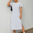 thumbnail image 1 of BLTIBY 2025 Womens Summer Dress Striped Printed Round Neck Split Long Dresses Beach Fashion Comfortable Short Sleeve Dresses Blue XL, 1 of 6
