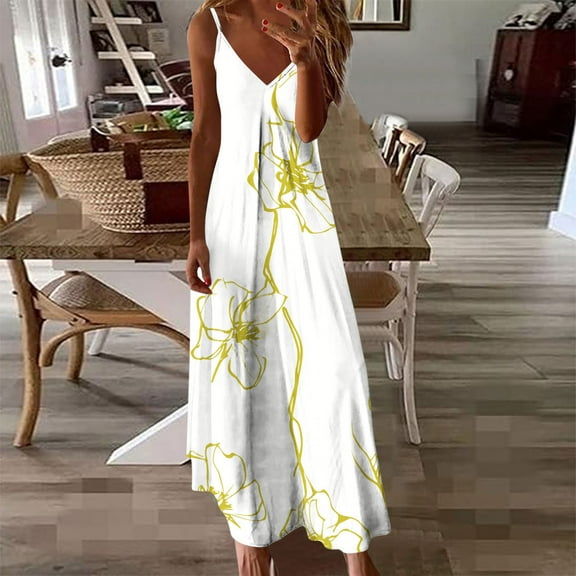 BLTIBY 2025 Womens Summer Sleeveless Dress Printed Strap Dresses V Neck Beach Fashion Comfortable Long Dresses Yellow XL