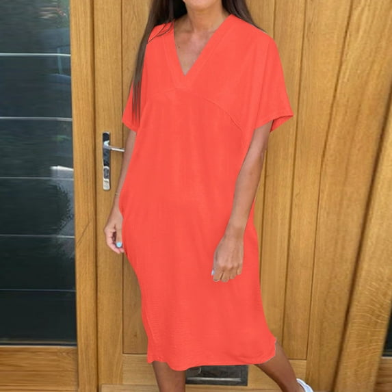 BLTIBY 2025 Womens Summer T Shirt Dress Solid Color V Neck Short Sleeve Dresses Beach Fashion Comfortable Dresses Watermelon Red XL