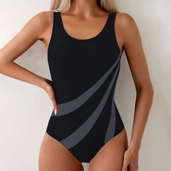 BLTIBY 2025 Womens Swimsuits Solid Color Slim Tummy Control Round Neck Backless Swimsuit Bikini Bathing Suit Fashion One-Piece Swimwear Gray XL