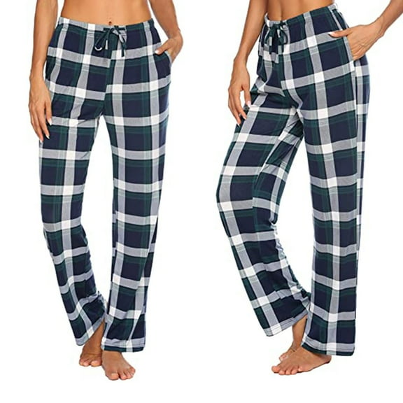 BLTIBY 2025 Womens Wide Leg Yoga Pant Plaid Printed Casual Loose Comfy Sweatpants Elastic Waist High Waisted Drawstring Lounge Flowy Pants Trousers Navy XL