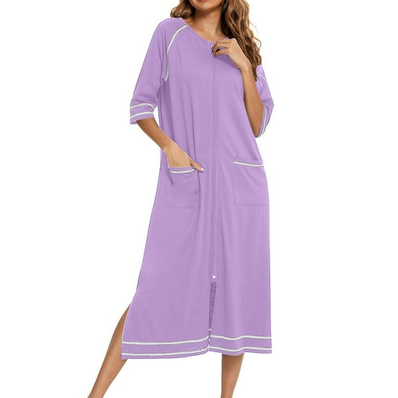 BLTIBY 2025 Womens Zipper Robes Solid Color 3/4 Sleeve Loungewear Dress Full Length Sleepwear with Pockets Nightgown Long Bathrobe Purple M