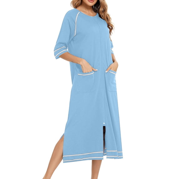 BLTIBY 2025 Womens Zipper Robes Solid Color 3/4 Sleeve Loungewear Dress Full Length Sleepwear with Pockets Nightgown Long Bathrobe Sky Blue XXL