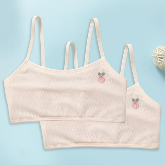 BLTIBY 2PC Cotton Girls Training Bra Crop Cami Training Bras for Teens with Spaghetti Straps Fashion Comfortable Bralette Beige 11-12 Years