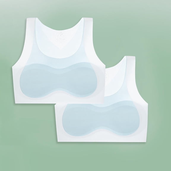 BLTIBY 2PC Cotton Girls Training Bra V Neck Crop Cami Training Seamless Bras with Cheast Pads for Teens Comfortable Fashion Bralette Blue 7-9 Years