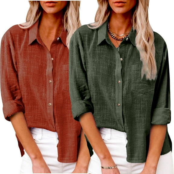 BLTIBY 2PC Long Sleeve Shirts for Women Solid Color Lapel Button Down Top Casual Fashion Comfy Lightweight Pullover Blouse with Pockets Multicolor L
