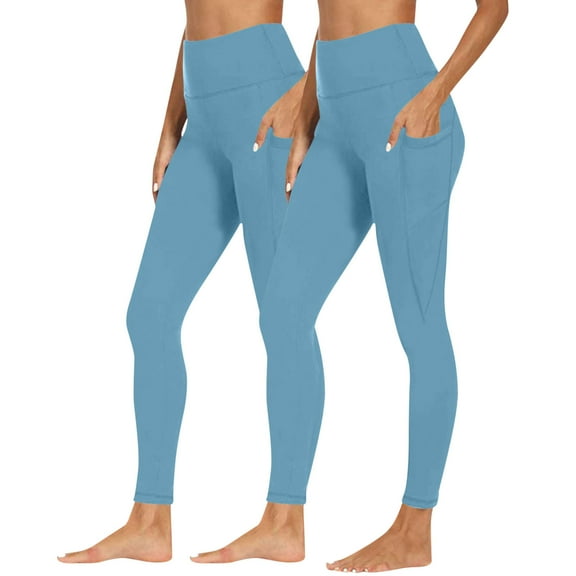 BLTIBY 2PC Women's Yoga Pants High Waist Solid Colour Tummy Control Leggings with Pockets Fashion Workout Tight Athletic Trousers Sky Blue 3XL