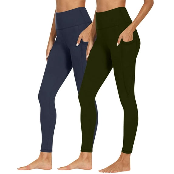BLTIBY 2PC Women's Yoga Pants High Waist Solid Colour Tummy Control Leggings with Pockets Workout Tight Athletic Trousers 2025 Army Green XL