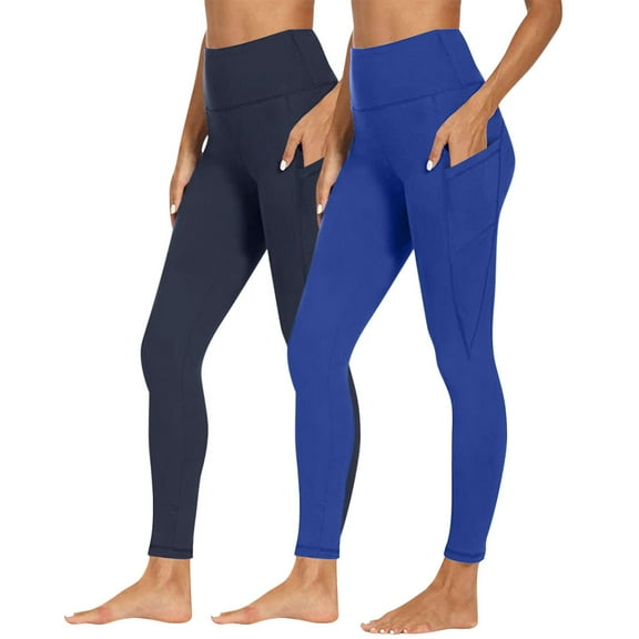 BLTIBY 2PC Yoga Leggings for Women High Waisted Solid Colour Workout Sports Running Athletic Pants Fashion Trousers with Pockets 2025 Blue XXL