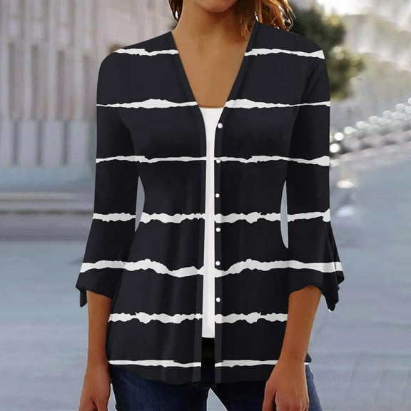 BLTIBY 3/4 Sleeve Cardigan Coat for Women Fall Casual Striped Print V Neck Open Front Lightweight Outwear Black M