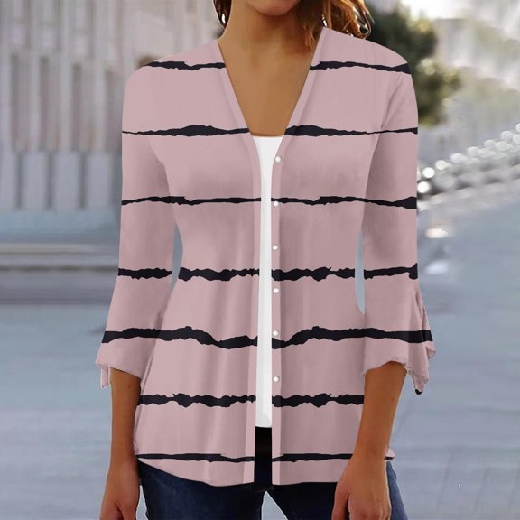 BLTIBY 3/4 Sleeve Cardigan Coat for Women Fall Casual Striped Print V Neck Open Front Lightweight Outwear Pink XXL