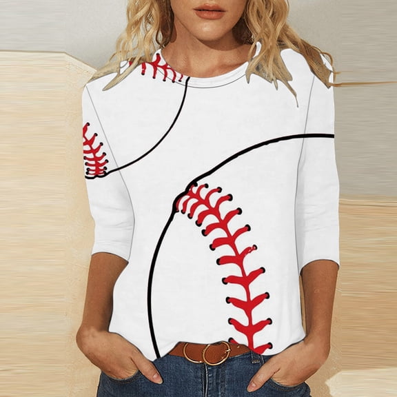 BLTIBY 3/4 Sleeve Top for Women Baseball Printed Round Neck Loose Casual Shirts Comfy Fashion Pullover Blouse White S