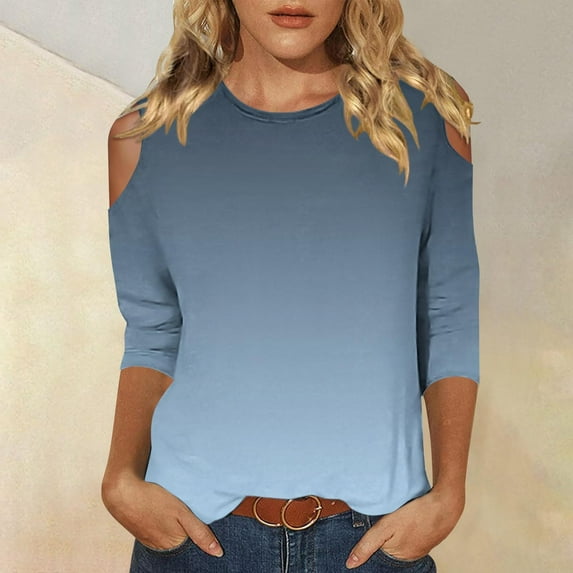 BLTIBY 3/4 Sleeve Top for Women Gradient Round Neck Off Shoulder Shirts Fashion Casual Pullover Blouse Blue L