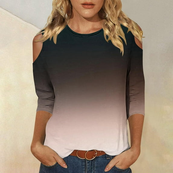 BLTIBY 3/4 Sleeve Top for Women Gradient Round Neck Off Shoulder Shirts Fashion Casual Pullover Blouse Brown M