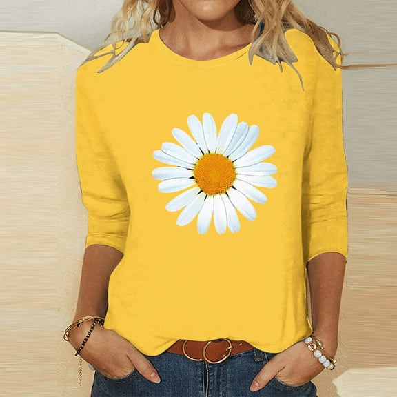 BLTIBY 3/4 Sleeve Top for Women Printed Round Neck Loose Casual Shirts Fashion Comfy Pullover Blouse Yellow XL