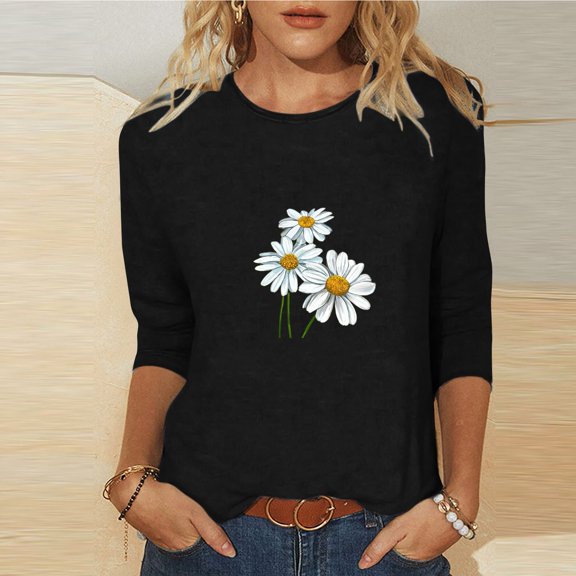 BLTIBY 3/4 Sleeve Top for Women Printed Round Neck Loose T-Shirt Fashion Casual Pullover Blouse Black L