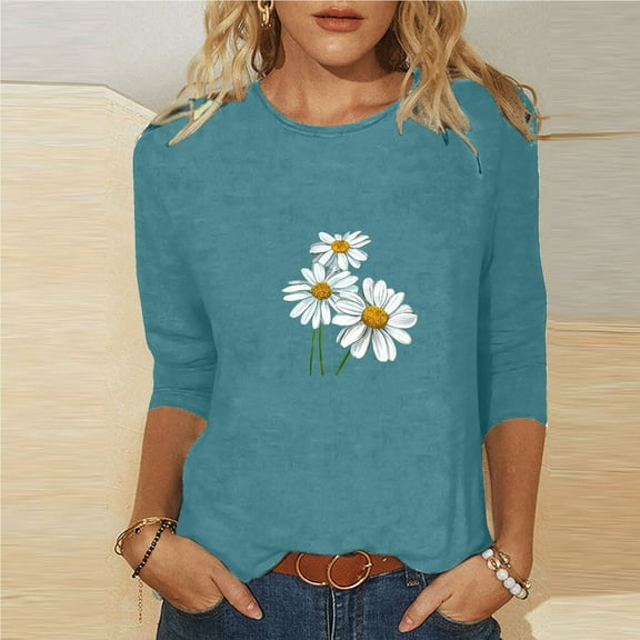 BLTIBY 3/4 Sleeve Top for Women Printed Round Neck Loose T-Shirt Fashion Casual Pullover Blouse Blue XL