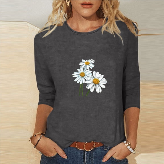 BLTIBY 3/4 Sleeve Top for Women Printed Round Neck Loose T-Shirt Fashion Casual Pullover Blouse Gray XXL