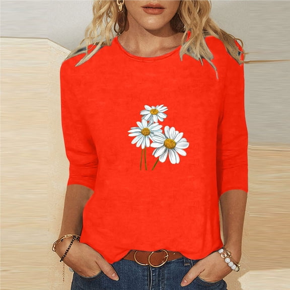 BLTIBY 3/4 Sleeve Top for Women Printed Round Neck Loose T-Shirt Fashion Casual Pullover Blouse Orange S