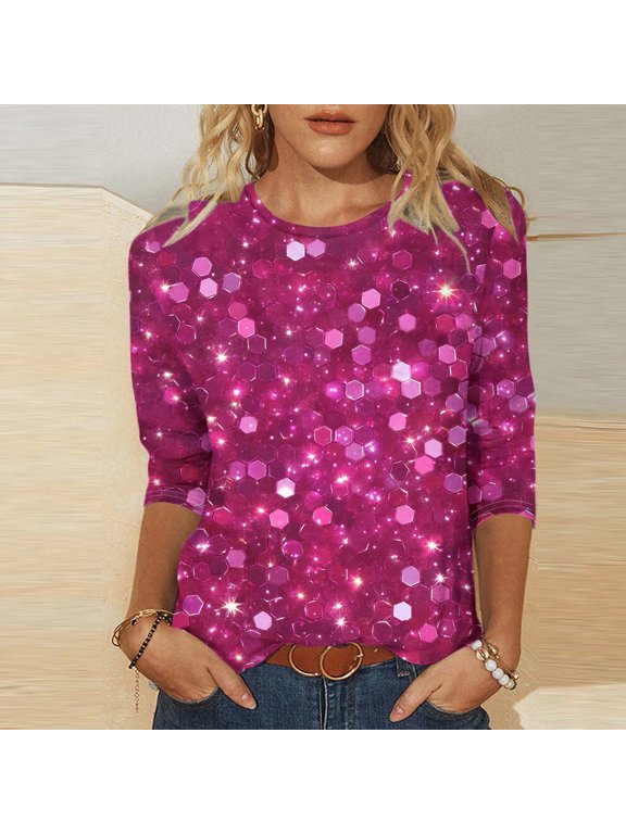 3/4 Sleeve Tops for Women Dressy Crewneck Pullover Shirts Sequin Print Blouse Fashion Comfortable Hot Pink 3XL