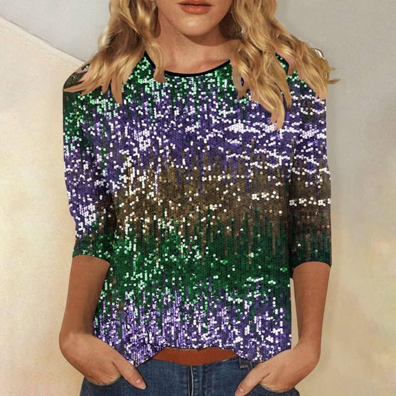 BLTIBY 3/4 Sleeve Tops for Women Dressy Crewneck Pullover Shirts Sequin Printed Blouse Fashion Comfortable Multicolor XXL
