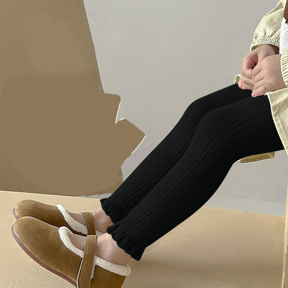 BLTIBY 3-8 Years Girls Toddler Baby Leggings Basic Ribbed Tights Kids Little Girls Dress Bottom Pants Solid Colour Ruffled Winter Elastic Warm Trousers Black S