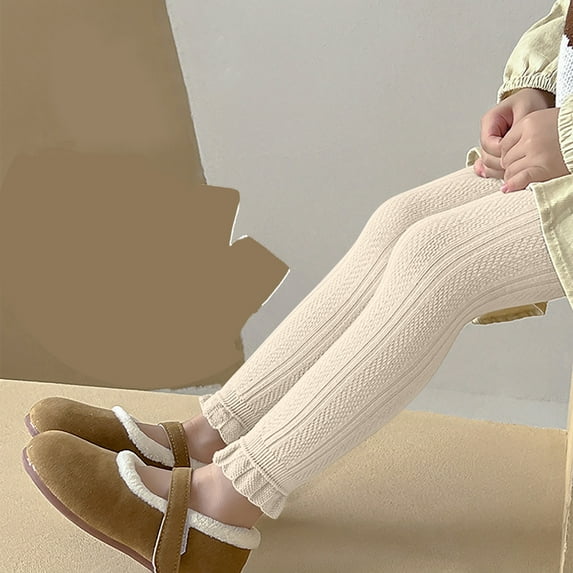 BLTIBY 3-8 Years Girls Toddler Baby Leggings Basic Ribbed Tights Kids Little Girls Dress Bottom Pants Solid Colour Ruffled Winter Elastic Warm Trousers Beige M
