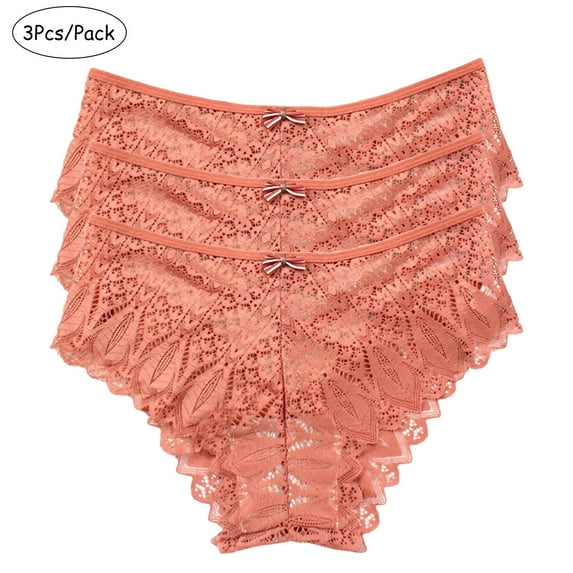 BLTIBY 3PC Low Waist Thongs Erotic Panties for Women Solid Color Lace Briefs Comfortable Fashion Breathable Underpant Orange S