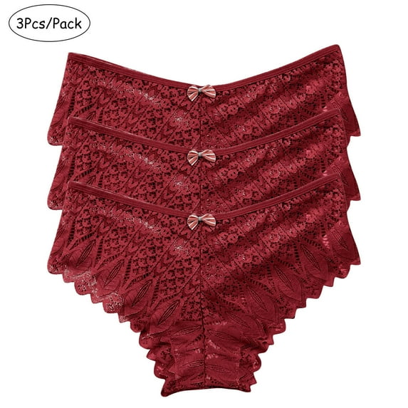 BLTIBY 3PC Low Waist Thongs Erotic Panties for Women Solid Color Lace Briefs Comfortable Fashion Breathable Underpant Wine 2 XL