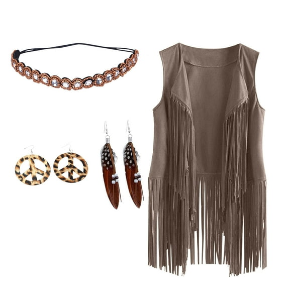 BLTIBY 4 Pieces 60s 70s Outfits for Women Hippie Costume Fringe Vest Faux Suede Vest Bohemia Headband for Halloween Cosplay Beige XL