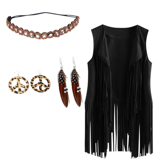 BLTIBY 4 Pieces 60s 70s Outfits for Women Hippie Costume Fringe Vest Faux Suede Vest Bohemia Headband for Halloween Cosplay Black L