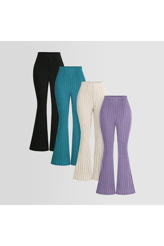 4PC Girls Boys Flare Pants Fall Ribbed Knit Solid Color High Waisted Yoga Bottom Pant Toddler Elastic Waist Lightweight Fashion Leggings Trousers Purple 12-13 Years