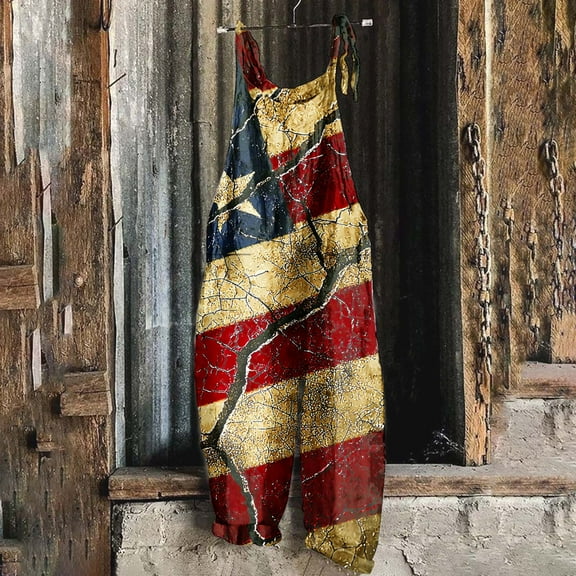 BLTIBY 4th of July Romper for Women 2025 Sleeveless American Flag Independence Day Printed Jumpsuit Wide Leg Summer Adjustable Straps Casual Rompers Red 8 XXL