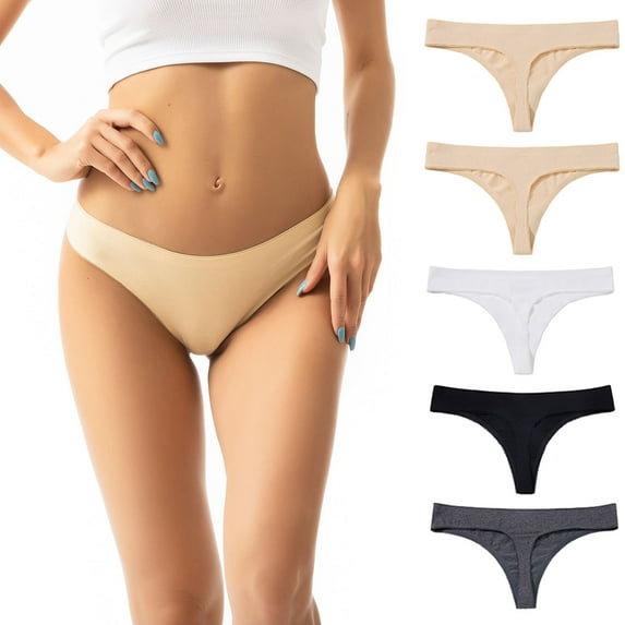 BLTIBY 5PC Low Waist Cotton Triangle Thongs for Women Tummy Control Solid Color Briefs Comfortable Fashion Panties Beige XS