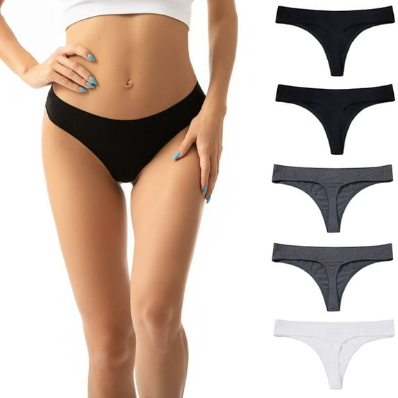 BLTIBY 5PC Low Waist Cotton Triangle Thongs for Women Tummy Control Solid Color Briefs Comfortable Fashion Panties Black M