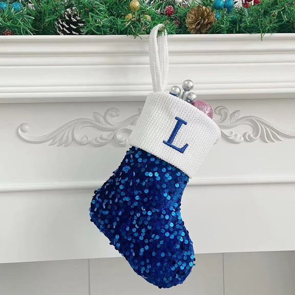 BLTIBY 9 inches Personalized Sequin Christmas Stocking with 26 Letter, Blue Initial Monogram Embroidered Xmas Stockings for Family Party Fireplace Tree Decoration L One Size