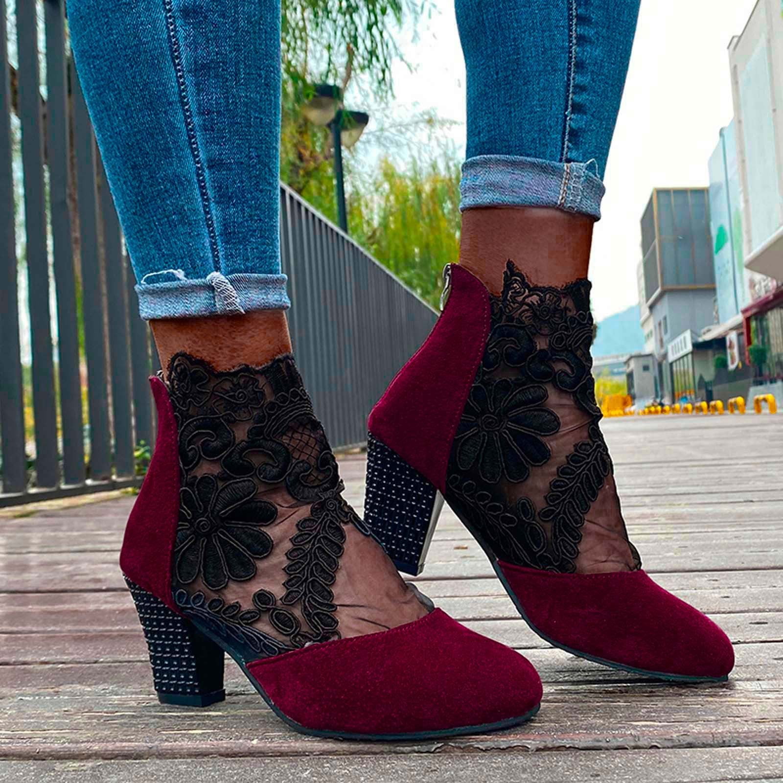 Women Ankle Boots Square Toe Chunky Heel Booties Mid Stacked Heels Fashion Dress Short Boots With Zips - Black 6 US