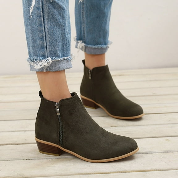 BLTIBY Ankle Booties for Women Side Zipper Chunky Heel Dress Shoes Solid Colour Suede Comfortable Casual Shoes Army Green 35