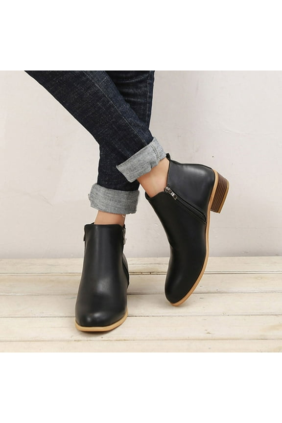 Ankle Booties for Women Side Zipper Chunky Heel Dress Shoes Solid Colour Suede Comfortable Casual Shoes Black 40