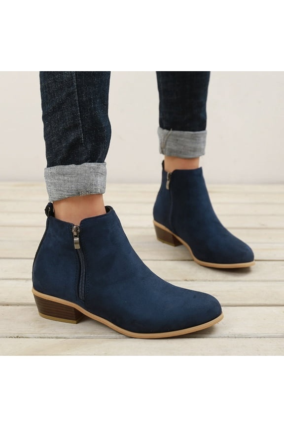 Ankle Booties for Women Side Zipper Chunky Heel Dress Shoes Solid Colour Suede Comfortable Casual Shoes Blue 42