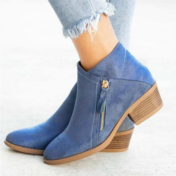 BLTIBY Ankle Boots for Women Fall Fashion Side Zipper Pointed Toe Block Chunky Mid Heel Boots Solid Slip on Casual Comfy Ladies Shoes Blue 42