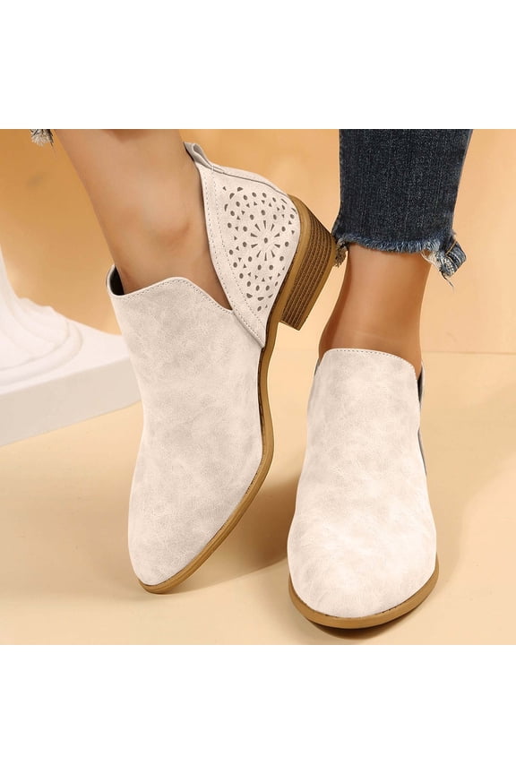Ankle Boots for women Casual Cut Out Slip On Low Heel Short Boot Chunky Stacked Heel Perforated Side V Cut Western Booties Retro Beige 40