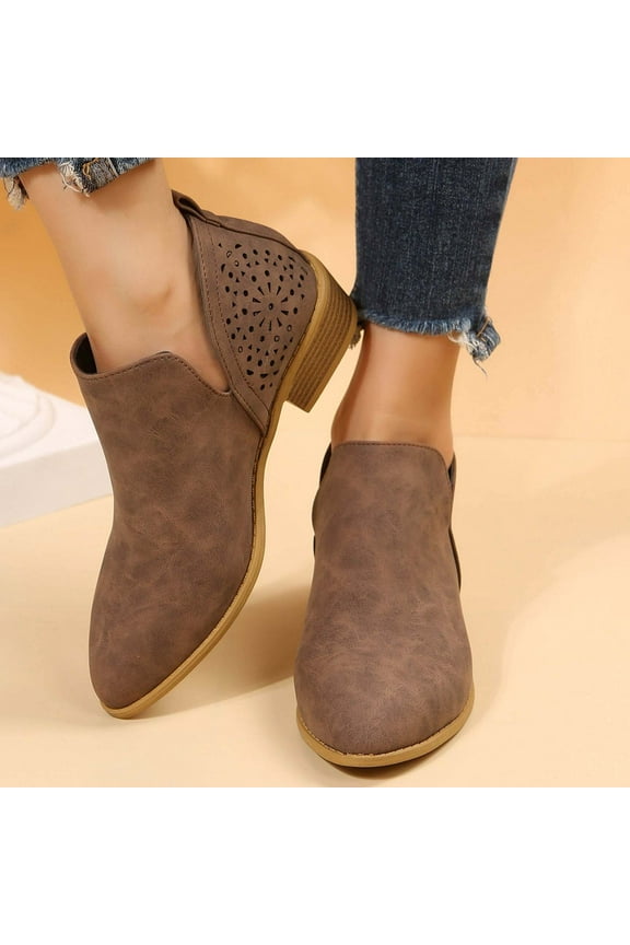 Ankle Boots for women Casual Cut Out Slip On Low Heel Short Boot Chunky Stacked Heel Perforated Side V Cut Western Booties Retro Coffee 42