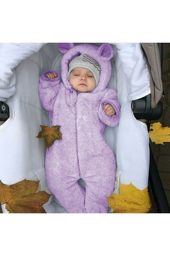 Baby Girl Clothes Jumpsuits Hoodies Solid Colour Long Sleeve Winter Fleece Thick Warm Pajamas Infant Newborn One-Piece Outfits Cute Comfortable Rompers 0-2 Years Purple 6-12 Months