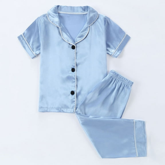 BLTIBY Baby Girls Boys Silk Pajamas Set Solid Color Short Sleeve Button Down Shirts Tops Pants Infant Satin Pj Lounge Sets 2025 Light Blue 5-6 Years