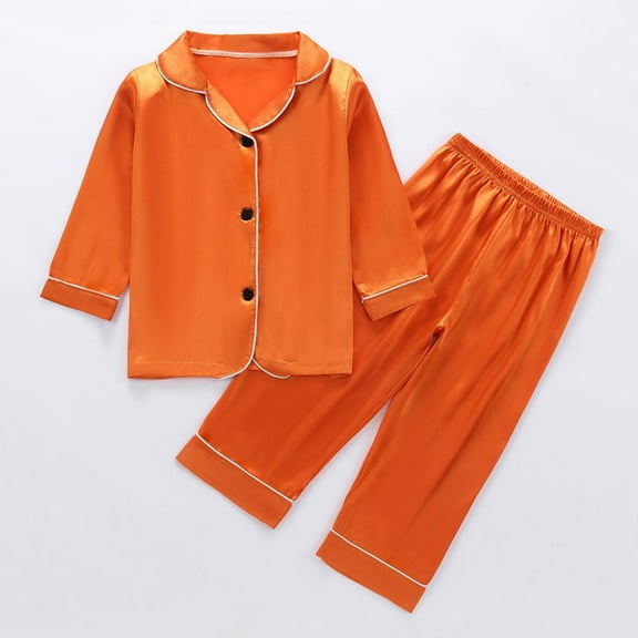 BLTIBY Baby Girls Boys Silk Pajamas Set Solid Colour Long Sleeve Button Down Shirts Tops and Pants Infant Satin Pj Lounge Sets Orange 12-24 Months